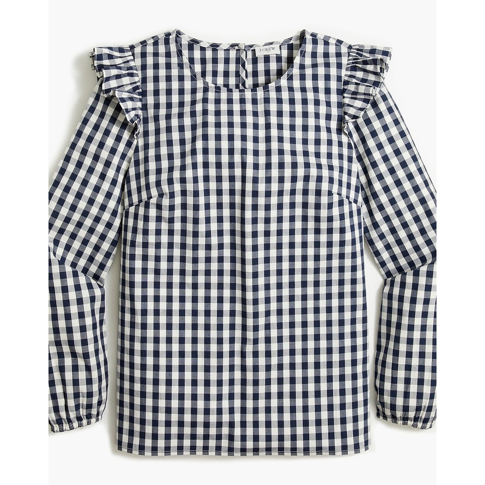 J.Crew Navy White Gingham Ruffle Shoulder Blouse Plus Size 2X Long Sleeve Top